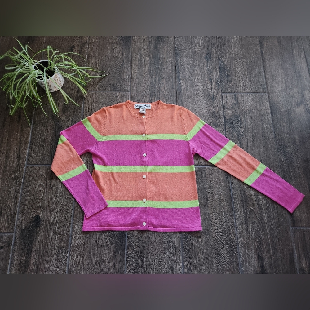 Vintage NWOT Silk Blend Lightweight Stripe Cardigan in Pink, Orange, Lime Green